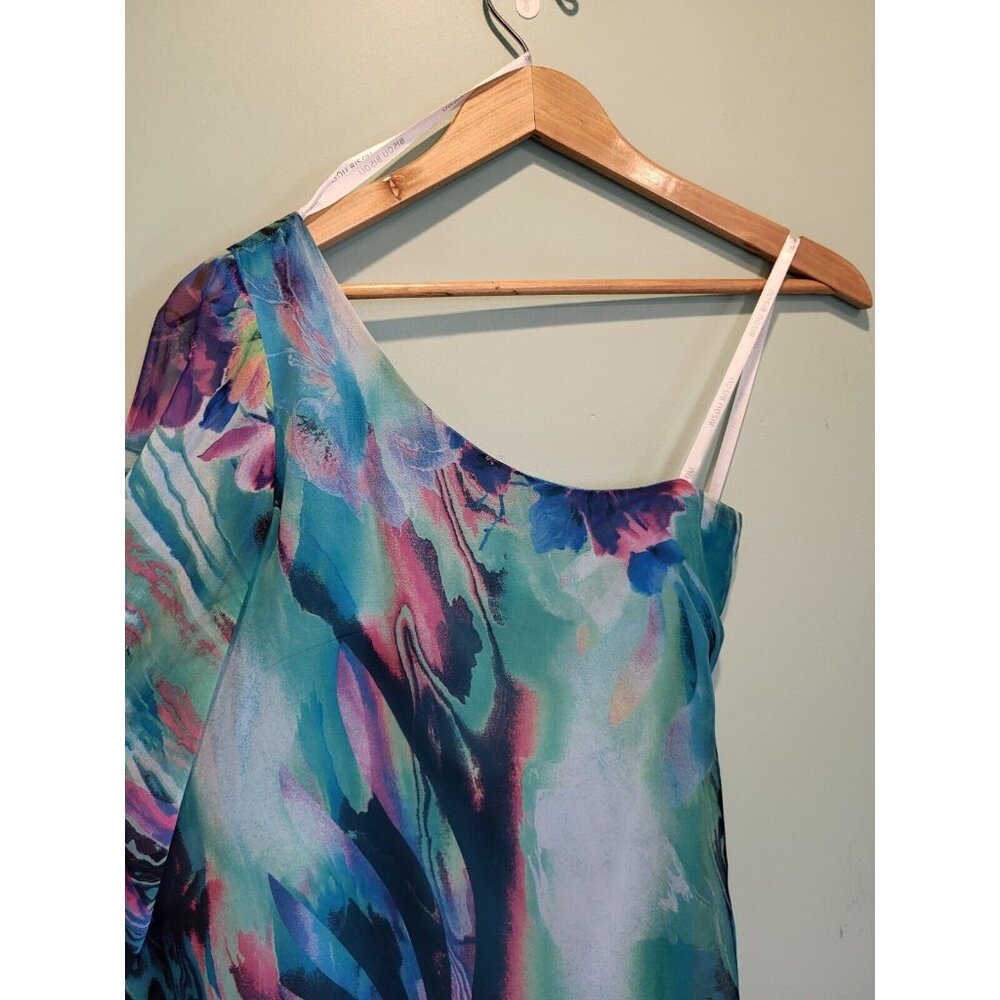 Fairycore Blue Green Chiffon Abstract Floral One Flared Sleeve Flowy Dress Sz 4 - Picture 2 of 8